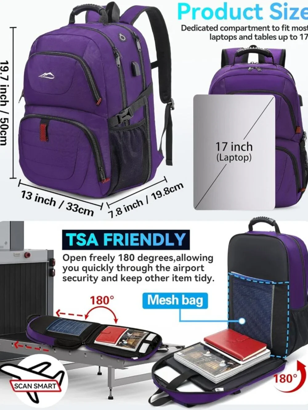 Extra Large Anti-Theft Travel Backpack for 17